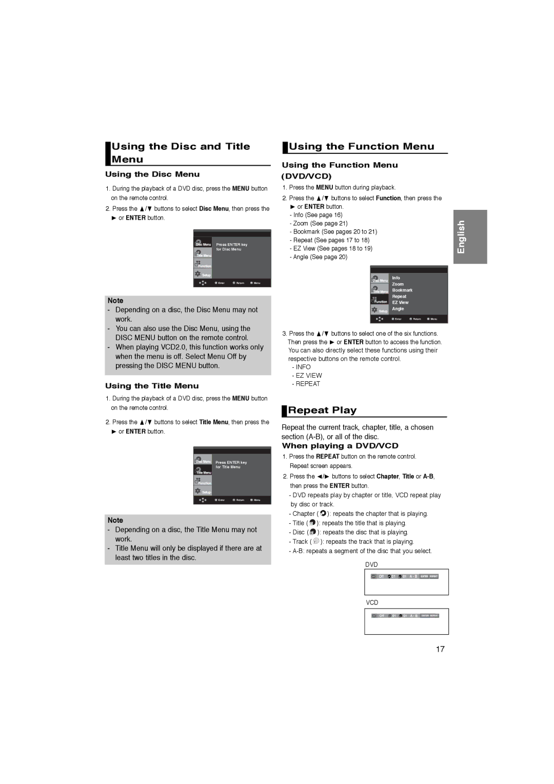 Samsung DVD-P365/AFR, DVD-P365/XEC manual Using the Disc and Title Menu, Using the Function Menu, Repeat Play 