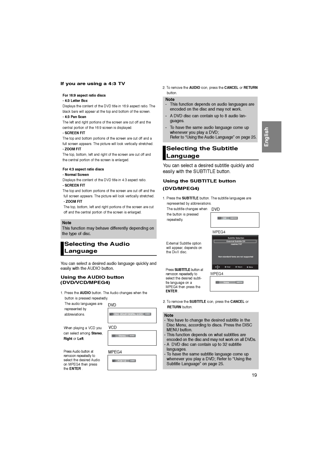 Samsung DVD-P365/AFR, DVD-P365/XEC Selecting the Subtitle Language, Selecting the Audio Language, If you are using a 43 TV 