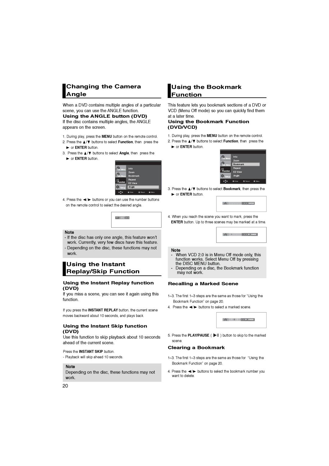 Samsung DVD-P365/XEC manual Changing the Camera Angle, Using the Bookmark Function, Using the Instant Replay/Skip Function 