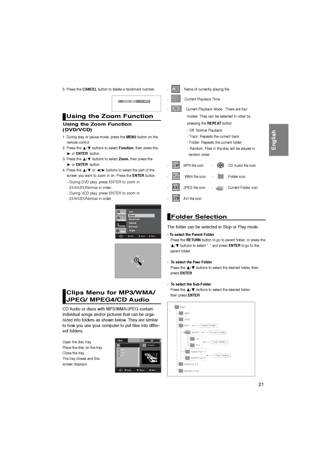 Samsung DVD-P365/AFR, DVD-P365/XEC Using the Zoom Function, Clips Menu for MP3/WMA/ JPEG/ MPEG4/CD Audio, Folder Selection 