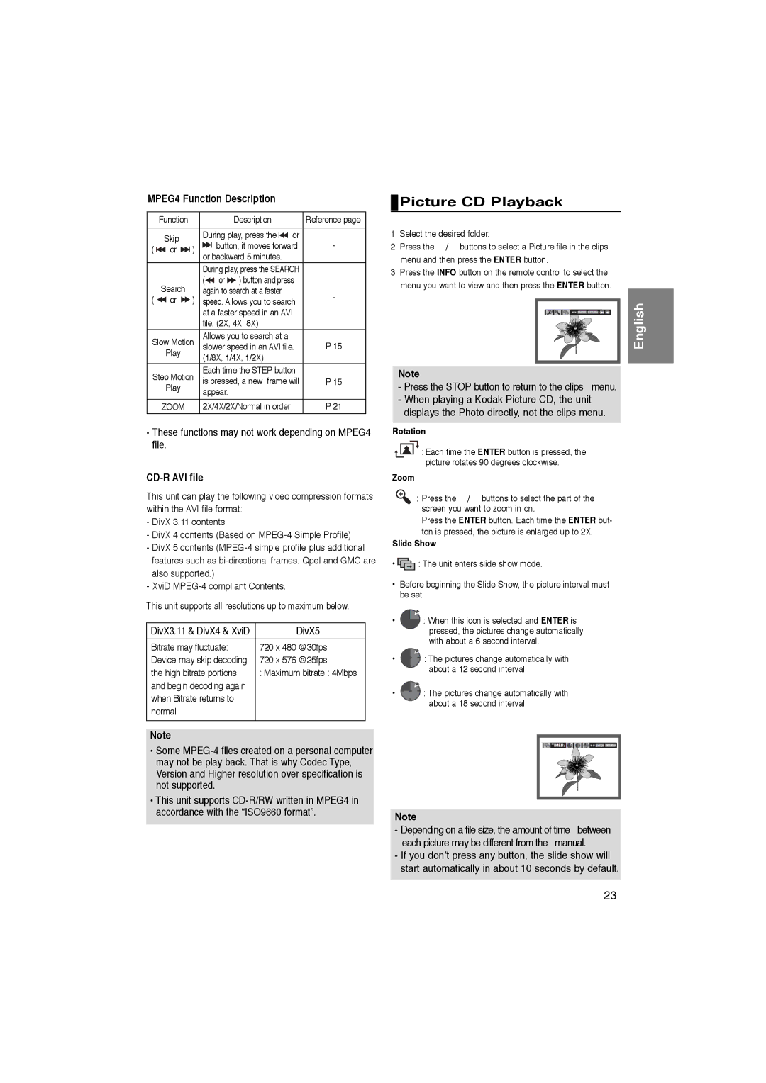 Samsung DVD-P365/AFR, DVD-P365/XEC manual Picture CD Playback, MPEG4 Function Description, CD-R AVI file 