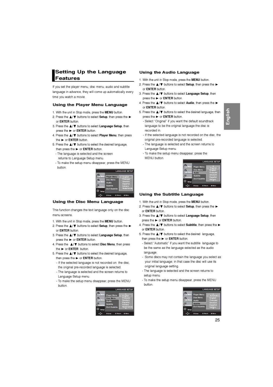 Samsung DVD-P365/AFR manual Setting Up the Language Features, Using the Disc Menu Language, Using the Audio Language 