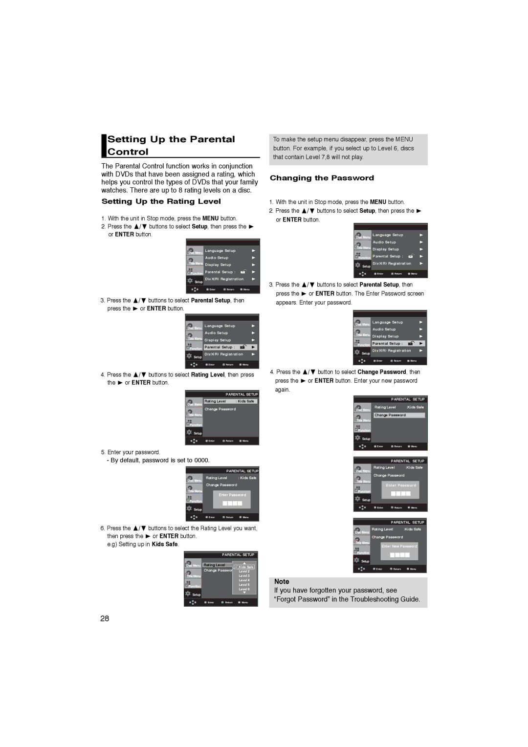 Samsung DVD-P365/XEC, DVD-P365/AFR Setting Up the Parental Control, Setting Up the Rating Level, Changing the Password 