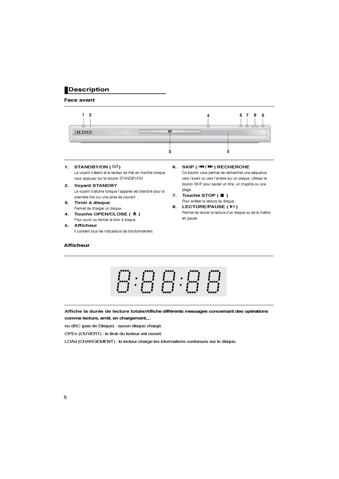 Samsung DVD-P365/AFR, DVD-P365/XEC manual Face avant, Afficheur, Voyant Standby, Skip / Recherche 