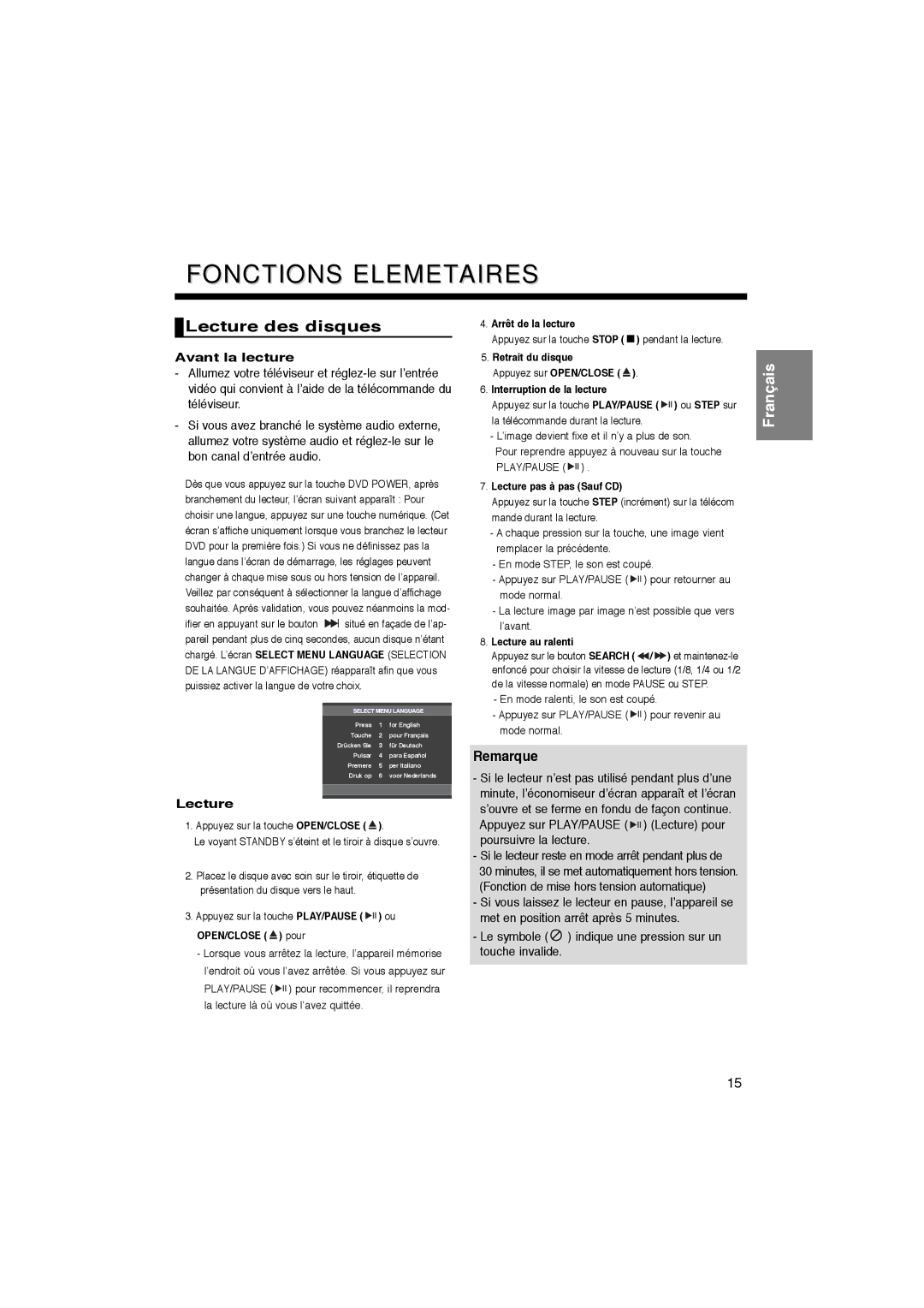 Samsung DVD-P365/XEC, DVD-P365/AFR manual Fonctions Elemetaires, Lecture des disques, Avant la lecture 