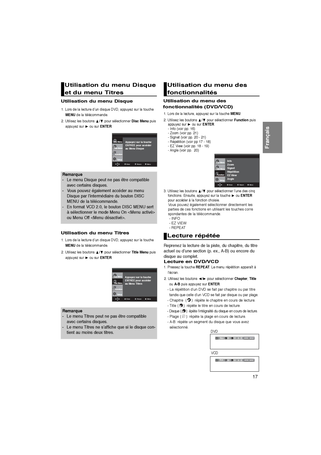 Samsung DVD-P365/XEC, DVD-P365/AFR Utilisation du menu Disque et du menu Titres, Utilisation du menu des fonctionnalités 