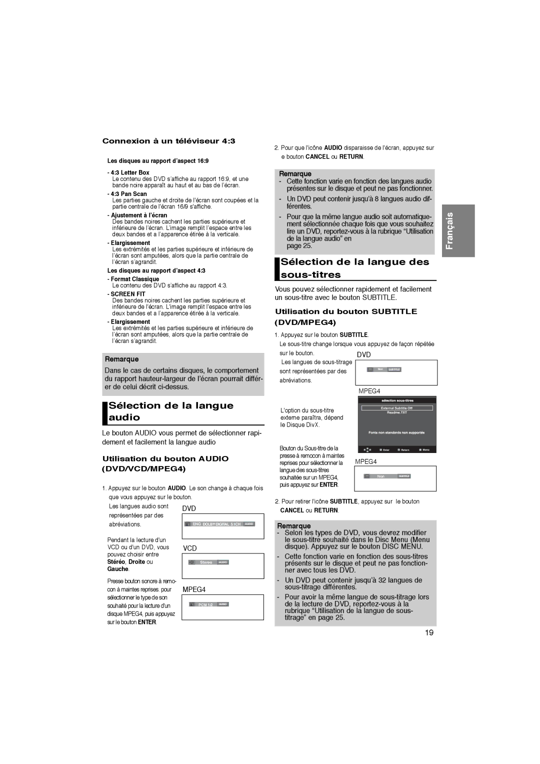 Samsung DVD-P365/XEC, DVD-P365/AFR manual Sélection de la langue des sous-titres, Sélection de la langue audio 