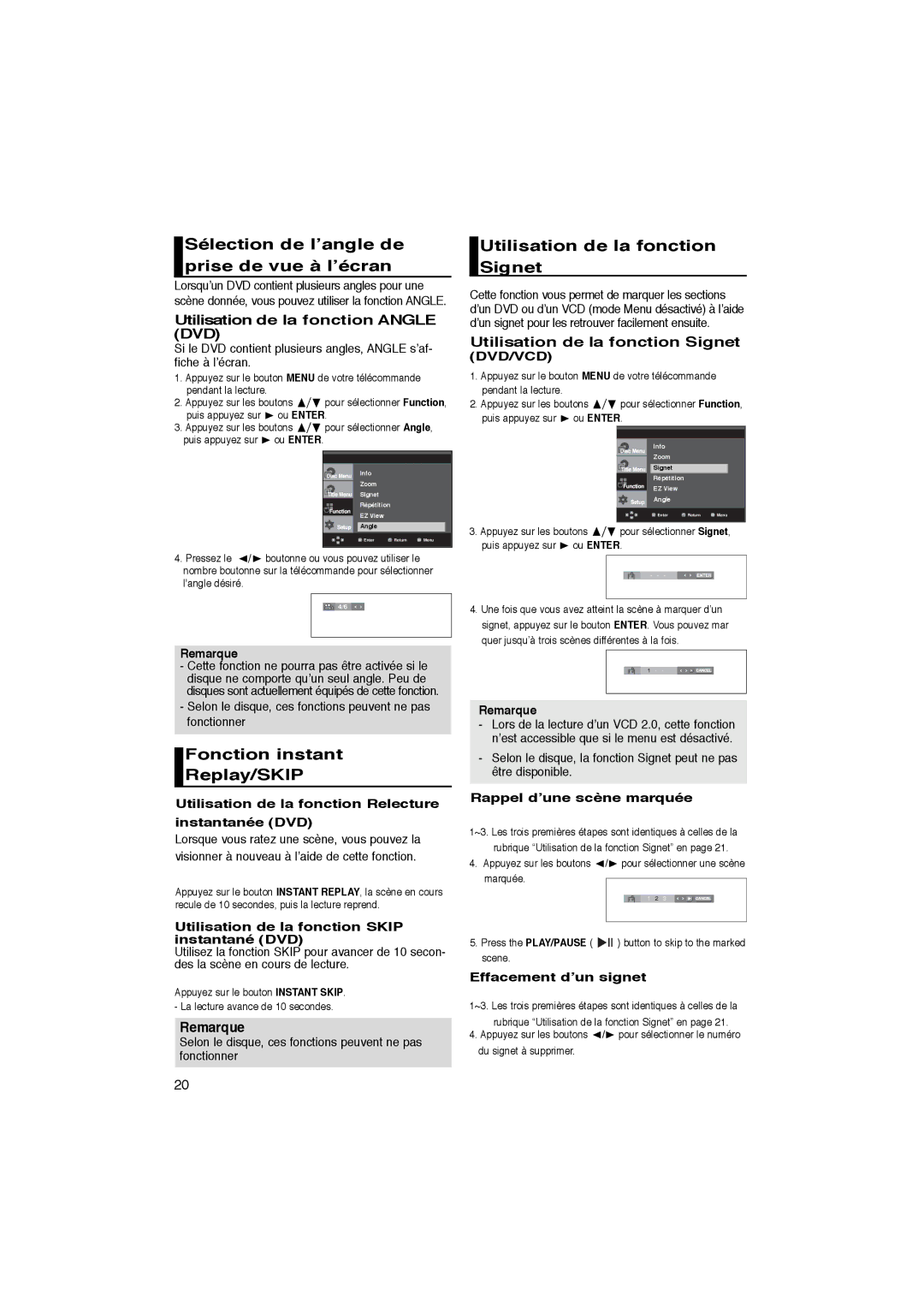 Samsung DVD-P365/AFR, DVD-P365/XEC manual Sélection de l’angle de prise de vue à l’écran, Fonction instant Replay/SKIP 