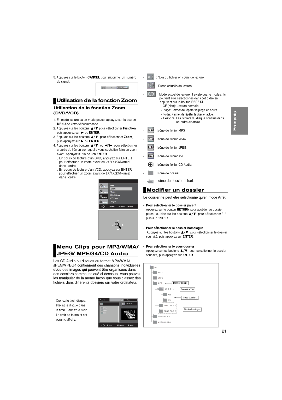 Samsung DVD-P365/XEC Utilisation de la fonction Zoom, Menu Clips pour MP3/WMA/ JPEG/ MPEG4/CD Audio, Modifier un dossier 