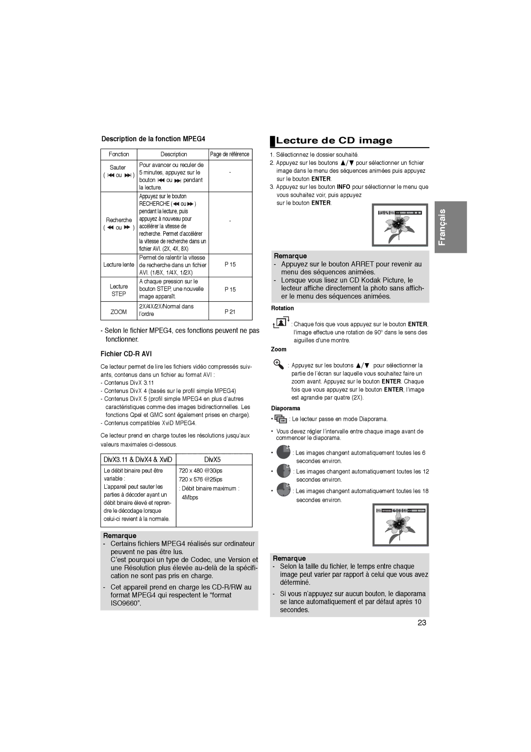 Samsung DVD-P365/XEC, DVD-P365/AFR manual Lecture de CD image, Description de la fonction MPEG4, Fichier CD-R AVI, Diaporama 