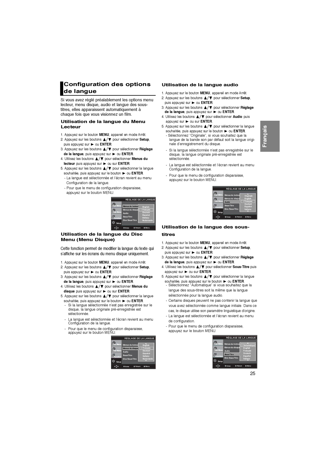 Samsung DVD-P365/XEC, DVD-P365/AFR manual Configuration des options de langue, Utilisation de la langue du Menu Lecteur 