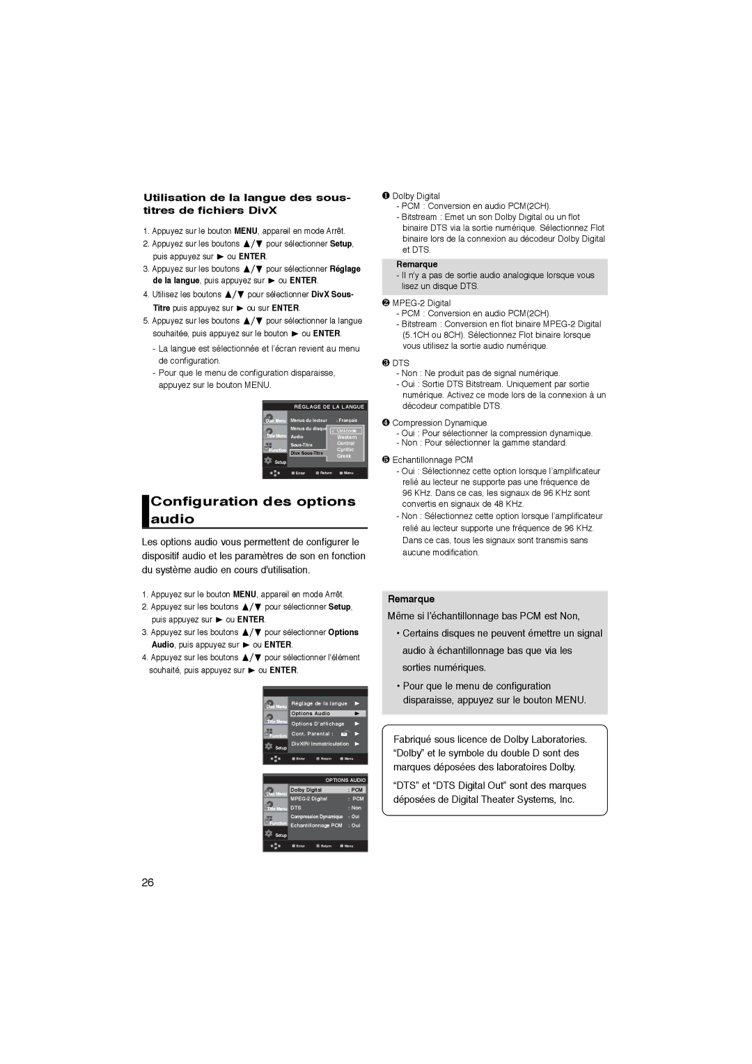 Samsung DVD-P365/AFR Configuration des options audio, Utilisation de la langue des sous- titres de fichiers DivX, Remarque 