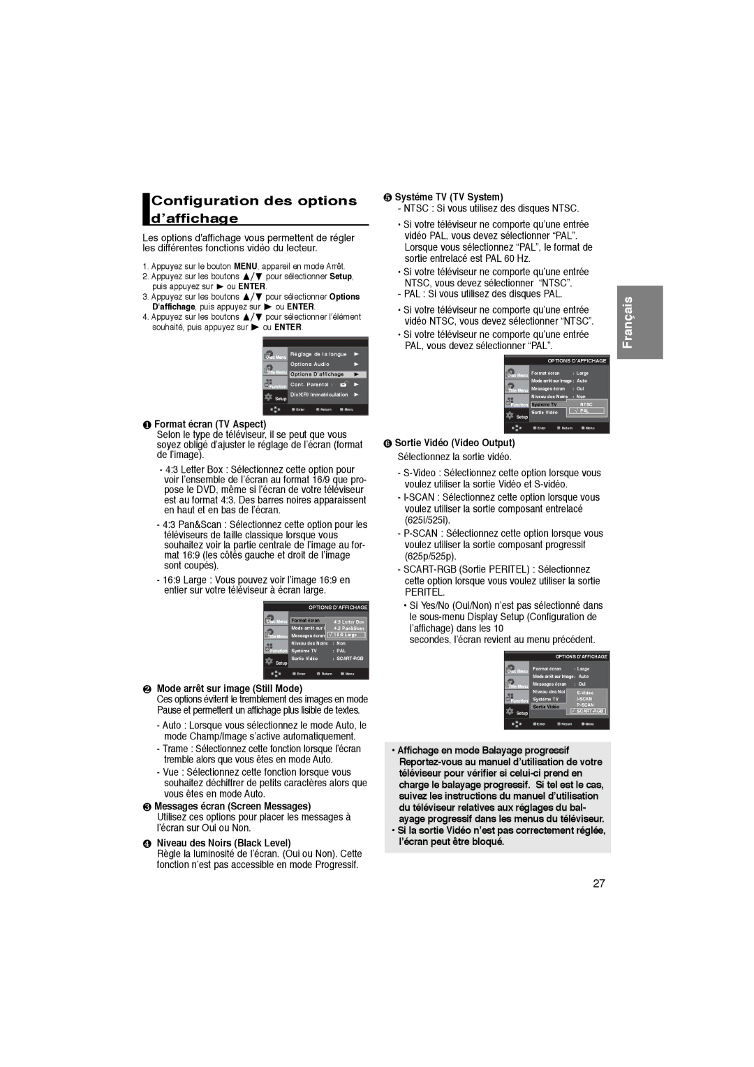 Samsung DVD-P365/XEC, DVD-P365/AFR manual Configuration des options d’affichage 