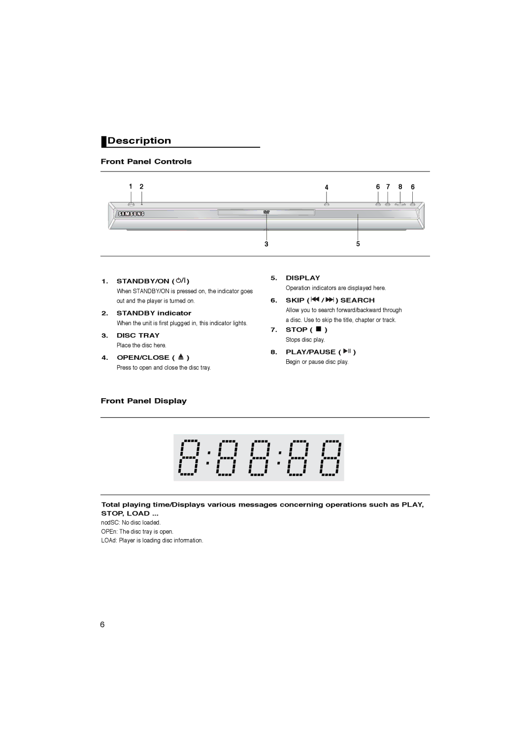 Samsung DVD-P365/XEC, DVD-P365/AFR manual Description, Front Panel Controls, Front Panel Display 