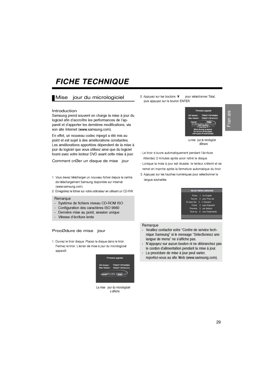 Samsung DVD-P365/XEC, DVD-P365/AFR Fiche Technique, Mise à jour du micrologiciel, Comment créer un disque de mise à jour 