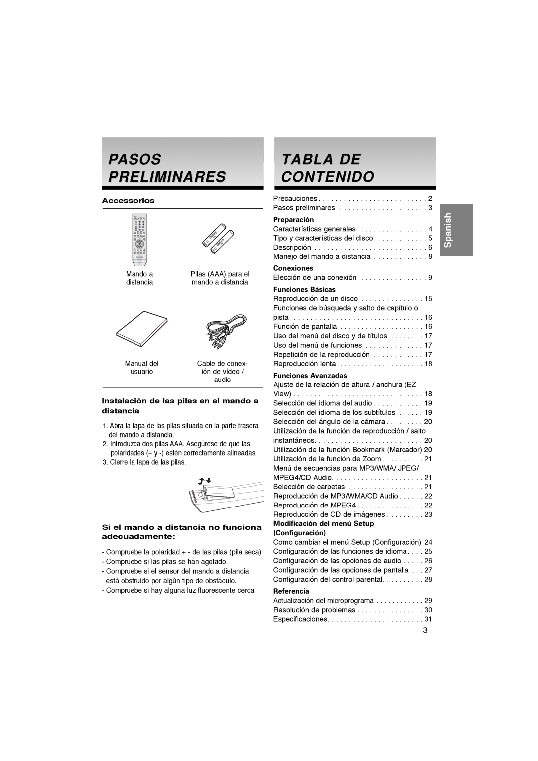 Samsung DVD-P365/AFR Pasos Preliminares, Tabla DE Contenido, Accessorios, Instalación de las pilas en el mando a distancia 