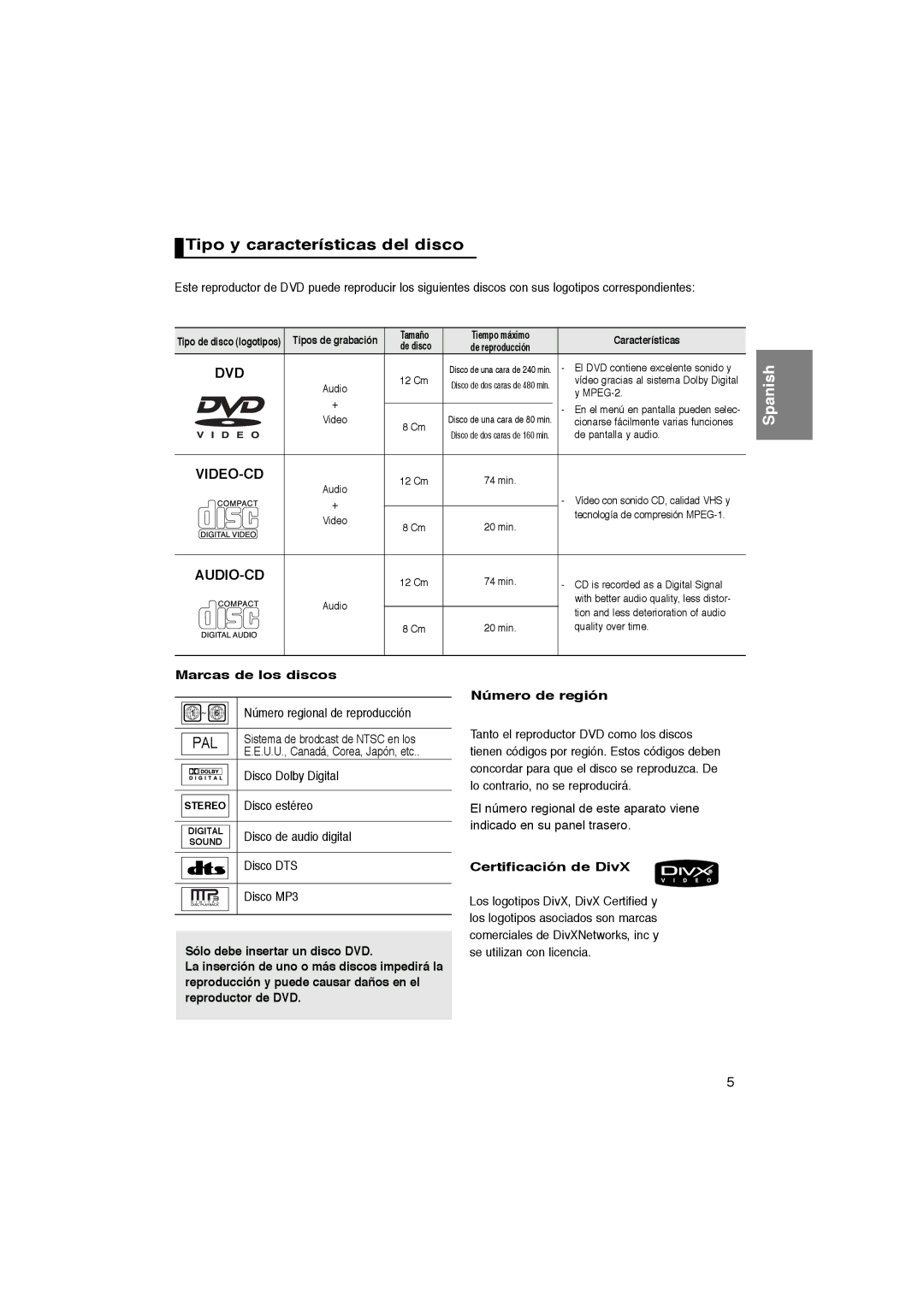 Samsung DVD-P365/AFR, DVD-P365/XEC manual Tipo y características del disco, Marcas de los discos, Certificación de DivX 