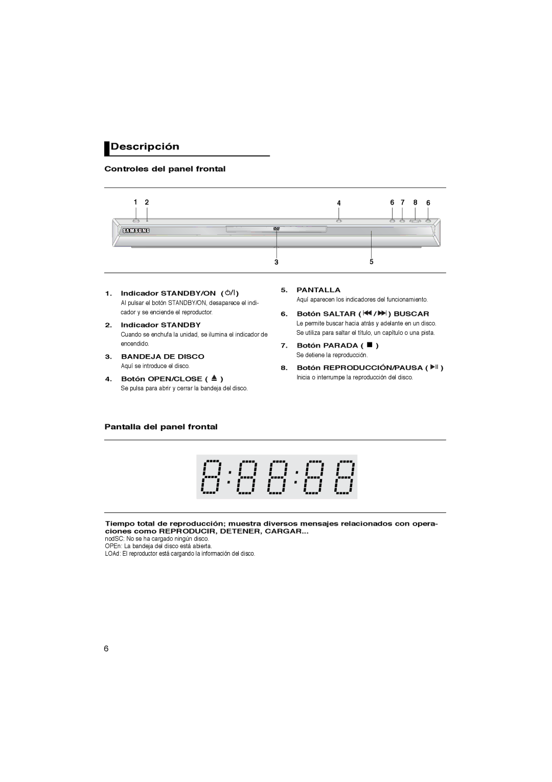 Samsung DVD-P365/XEC manual Descripción, Controles del panel frontal, Pantalla del panel frontal, Indicador STANDBY/ON 