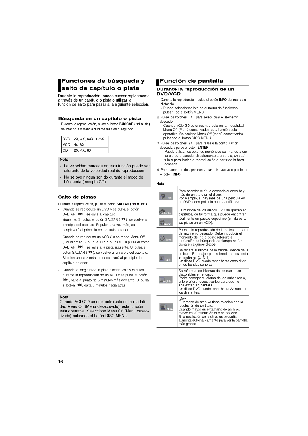 Samsung DVD-P365/XEC, DVD-P365/AFR Funciones de búsqueda y salto de capítulo o pista, Función de pantalla, Salto de pistas 