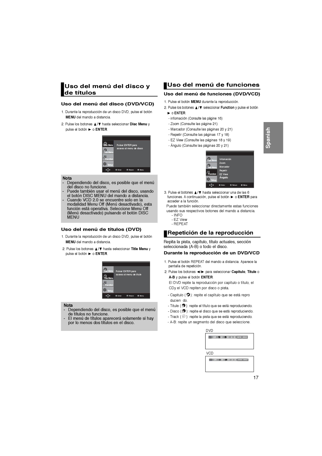 Samsung DVD-P365/AFR manual Uso del menú del disco y de títulos, Uso del menú de funciones, Repetición de la reproducción 