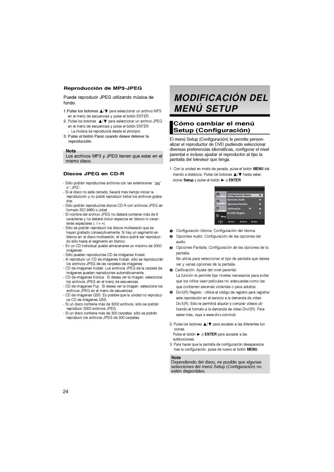 Samsung DVD-P365/XEC manual Modificación DEL Menú Setup, Cómo cambiar el menú Setup Configuración, Reproducción de MP3-JPEG 