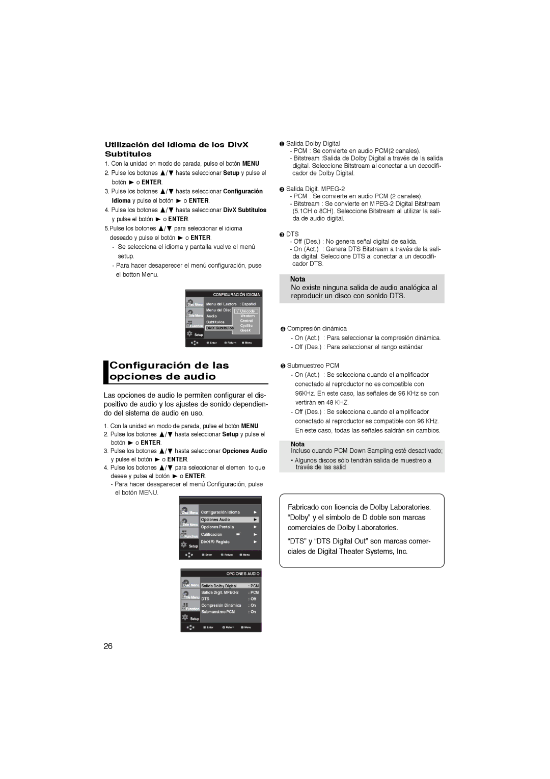 Samsung DVD-P365/XEC, DVD-P365/AFR Configuración de las opciones de audio, Utilización del idioma de los DivX Subtitulos 