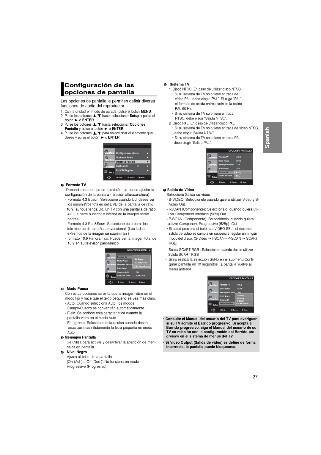 Samsung DVD-P365/AFR, DVD-P365/XEC manual Configuración de las opciones de pantalla 