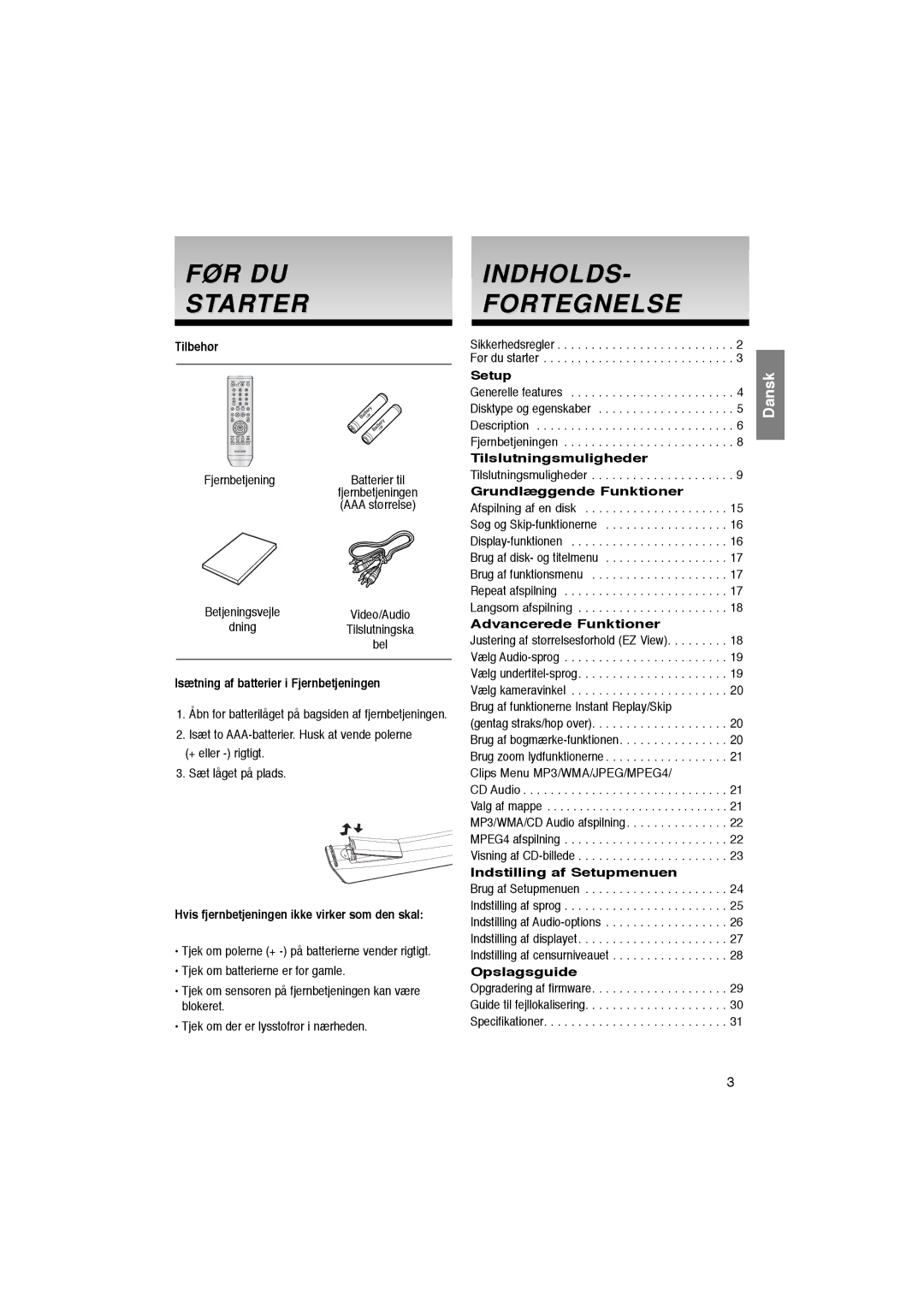 Samsung DVD-P365/XEE manual FØR DU Starter, Indholds Fortegnelse 