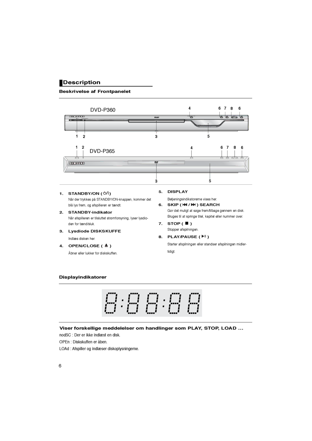 Samsung DVD-P365/XEE manual Description, Beskrivelse af Frontpanelet, Blå lys frem, og afspilleren er tændt 