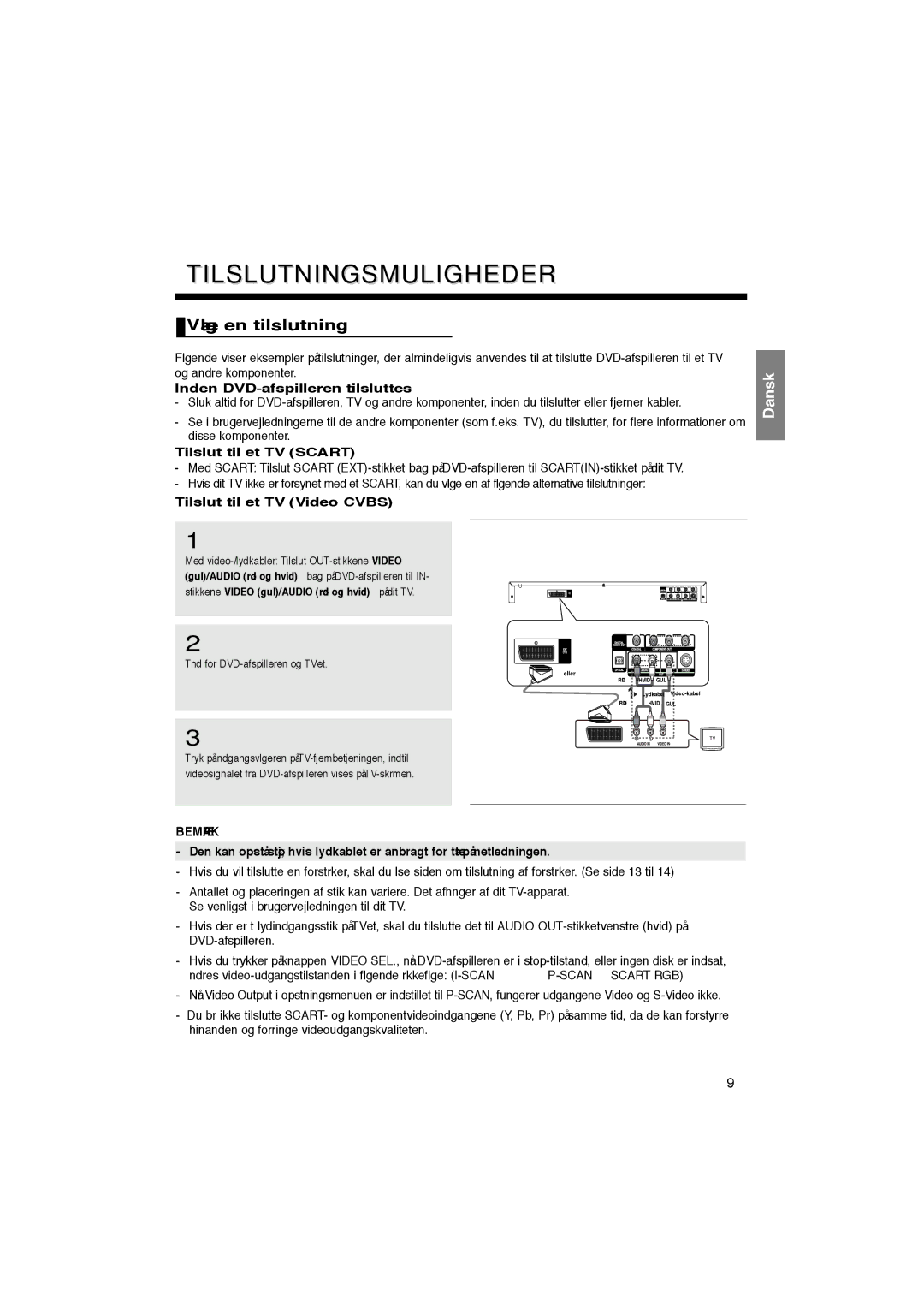 Samsung DVD-P365/XEE manual Tilslutningsmuligheder, Vælg en tilslutning, Inden DVD-afspilleren tilsluttes 