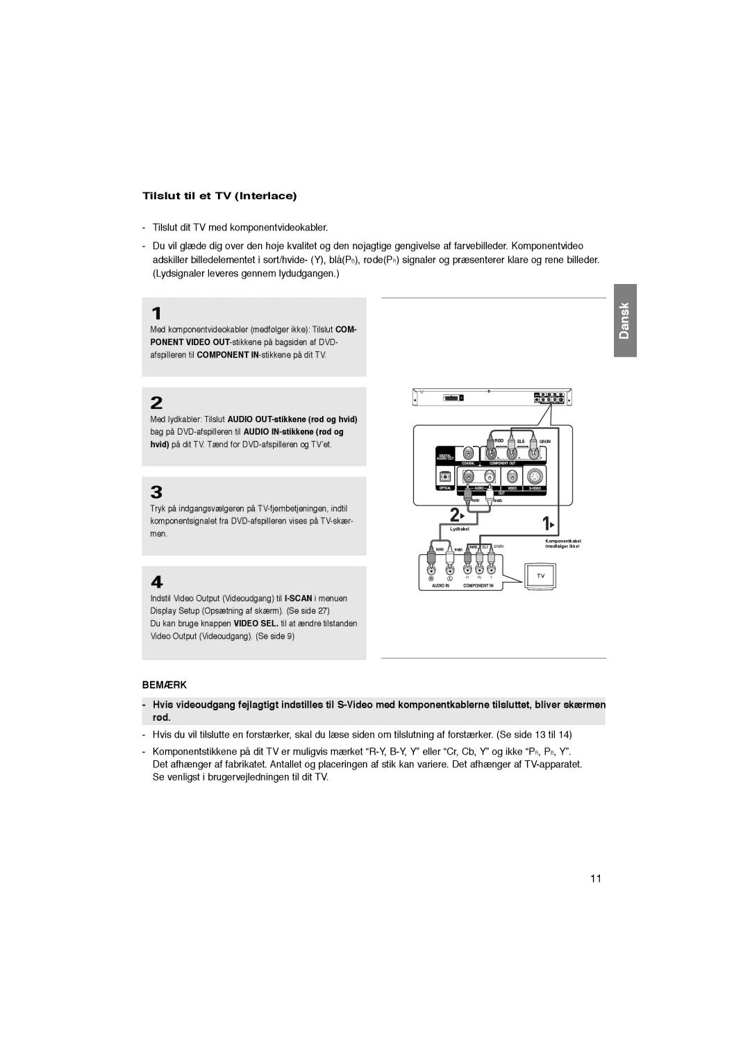 Samsung DVD-P365/XEE manual Tilslut til et TV Interlace 