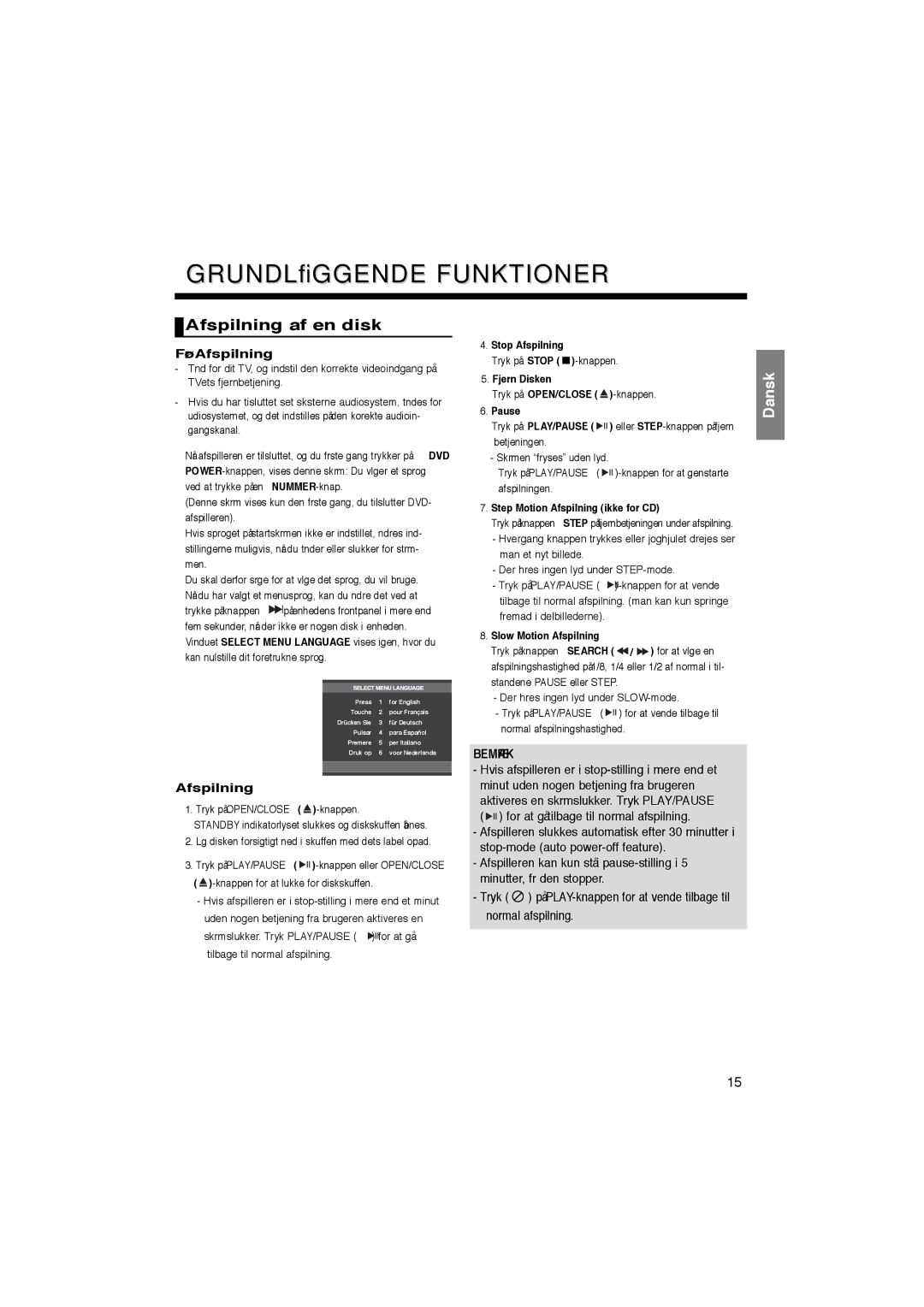 Samsung DVD-P365/XEE manual Grundlæggende Funktioner, Afspilning af en disk, Før Afspilning 