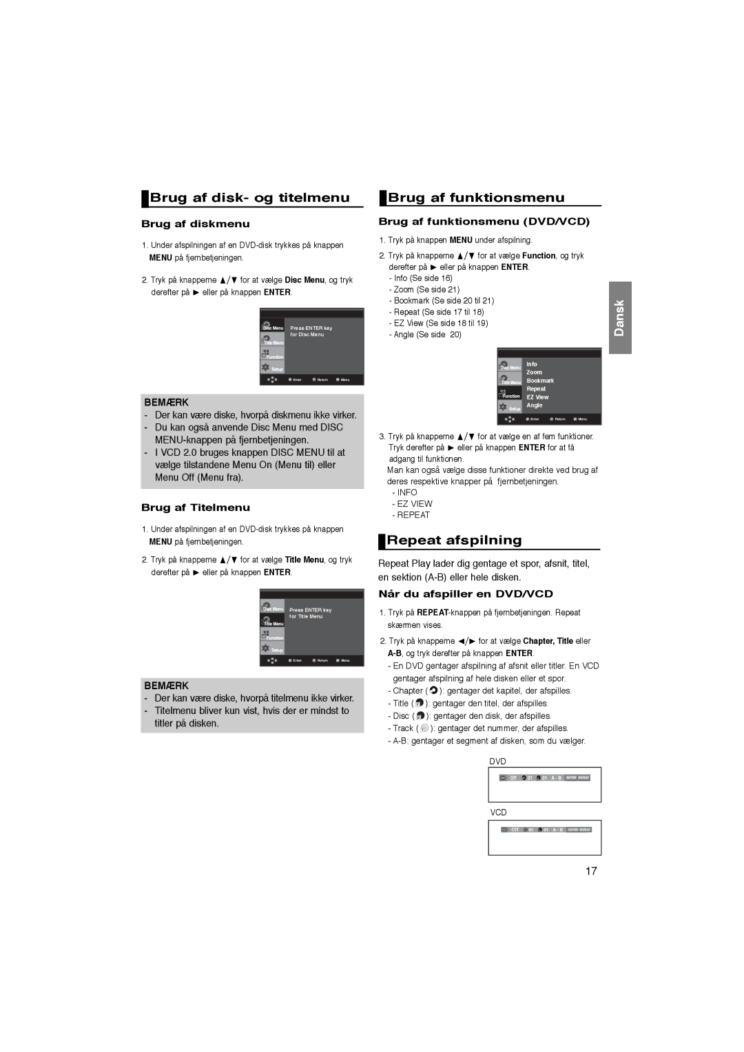 Samsung DVD-P365/XEE manual Brug af disk- og titelmenu, Brug af funktionsmenu, Repeat afspilning 