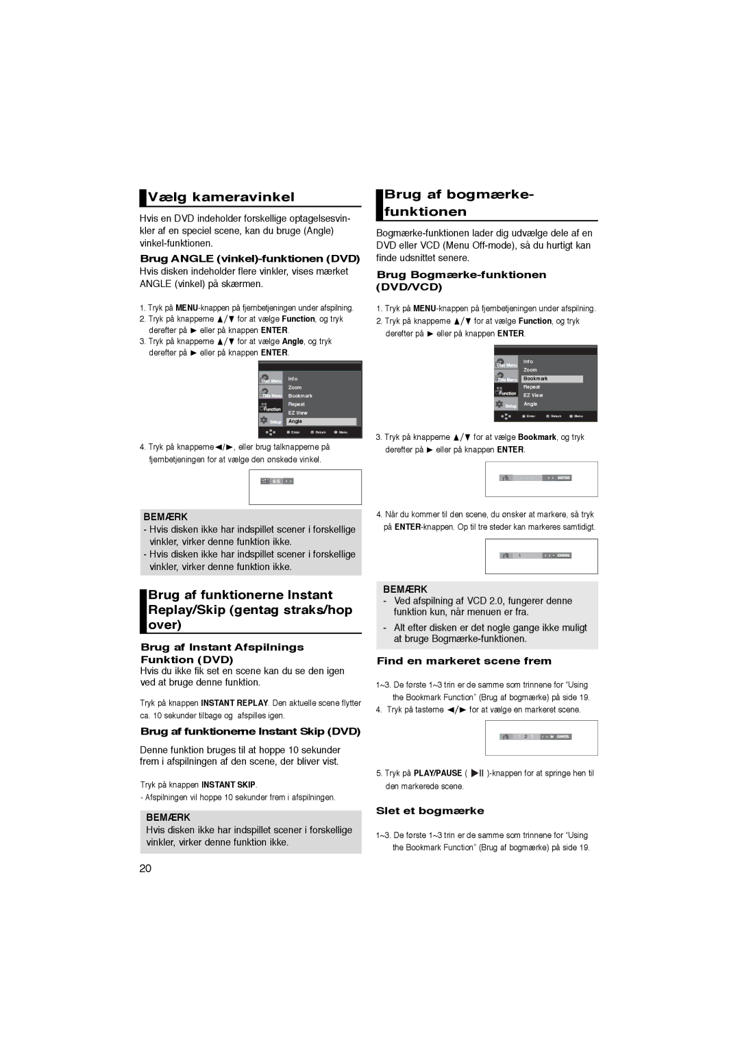 Samsung DVD-P365/XEE manual Vælg kameravinkel, Brug af bogmærke- funktionen 