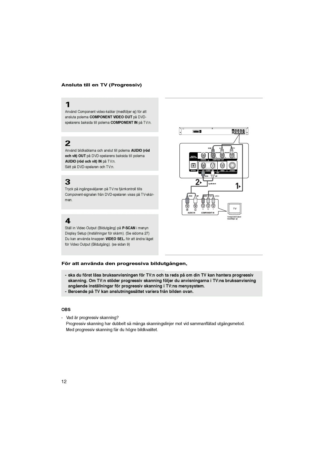 Samsung DVD-P365/XEE manual Ansluta till en TV Progressiv, Input Function. And you have to set up the TV 