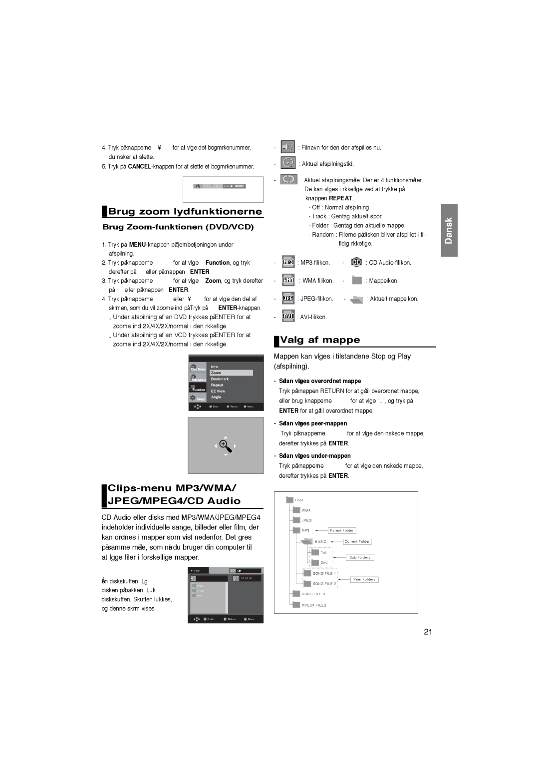 Samsung DVD-P365/XEE manual Brug zoom lydfunktionerne, Clips-menu MP3/WMA/ JPEG/MPEG4/CD Audio, Valg af mappe 