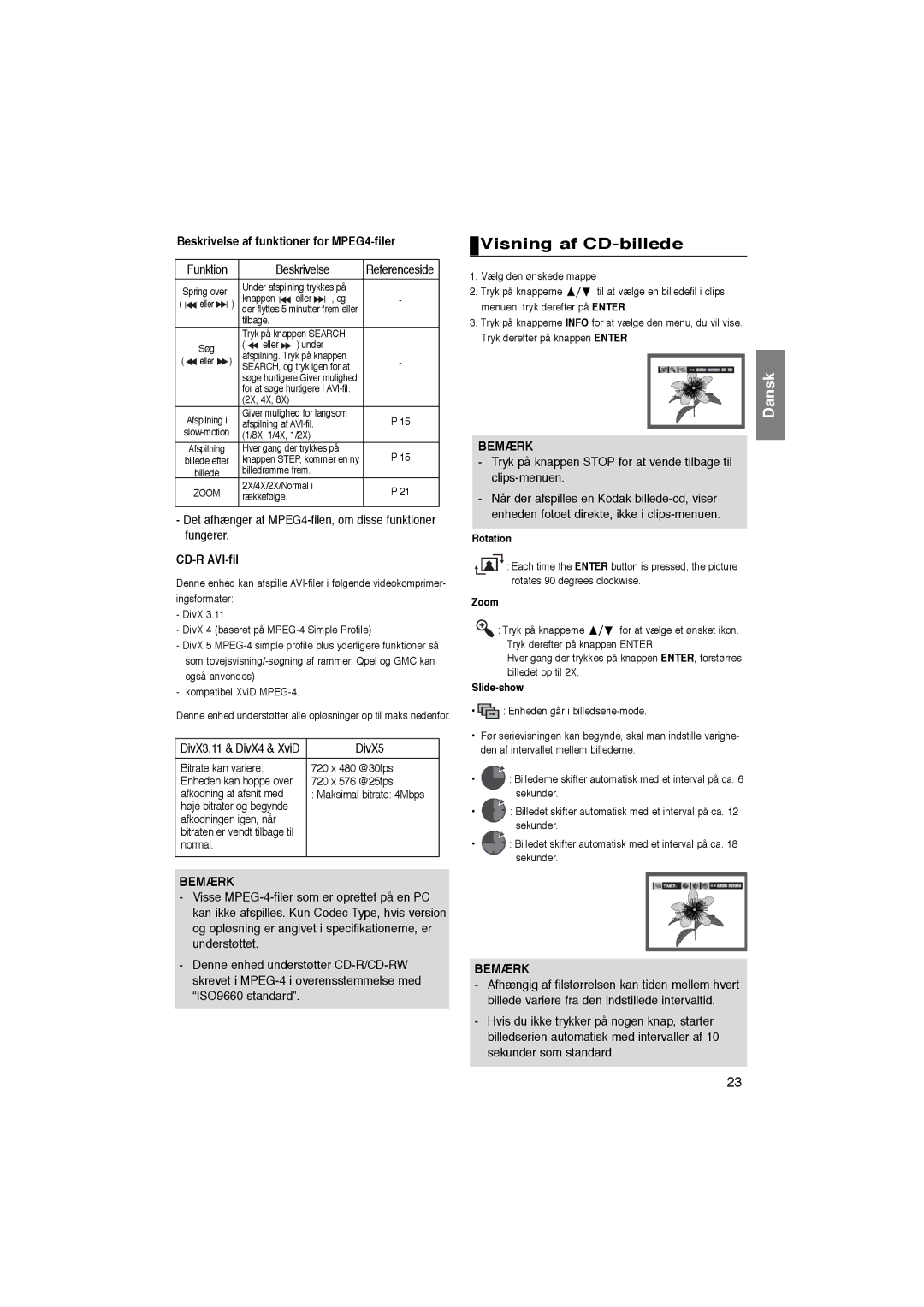 Samsung DVD-P365/XEE manual Visning af CD-billede, Beskrivelse af funktioner for MPEG4-filer, CD-R AVI-fil 