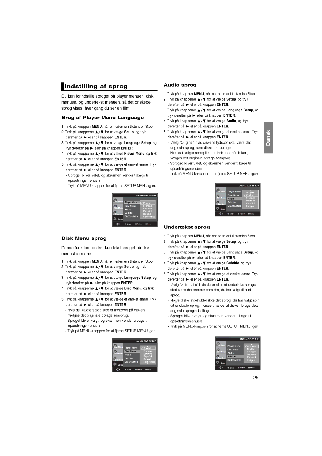 Samsung DVD-P365/XEE Indstilling af sprog, Brug af Player Menu Language, Disk Menu sprog, Audio sprog, Undertekst sprog 