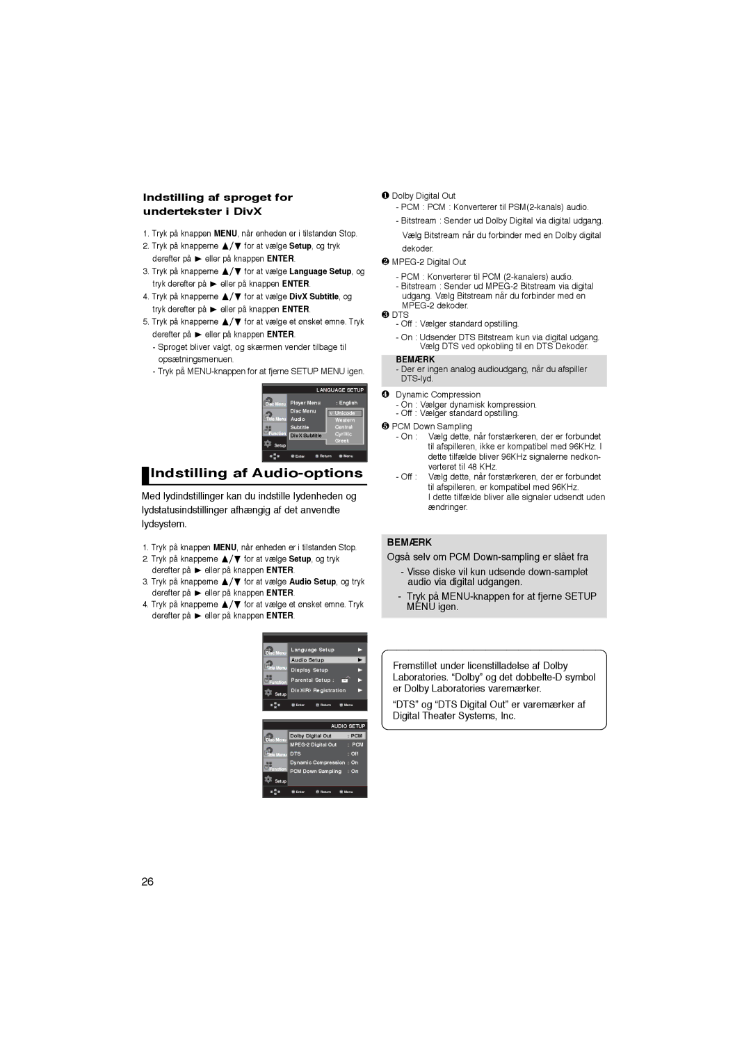 Samsung DVD-P365/XEE manual Indstilling af Audio-options, Indstilling af sproget for undertekster i DivX, Bemærk 