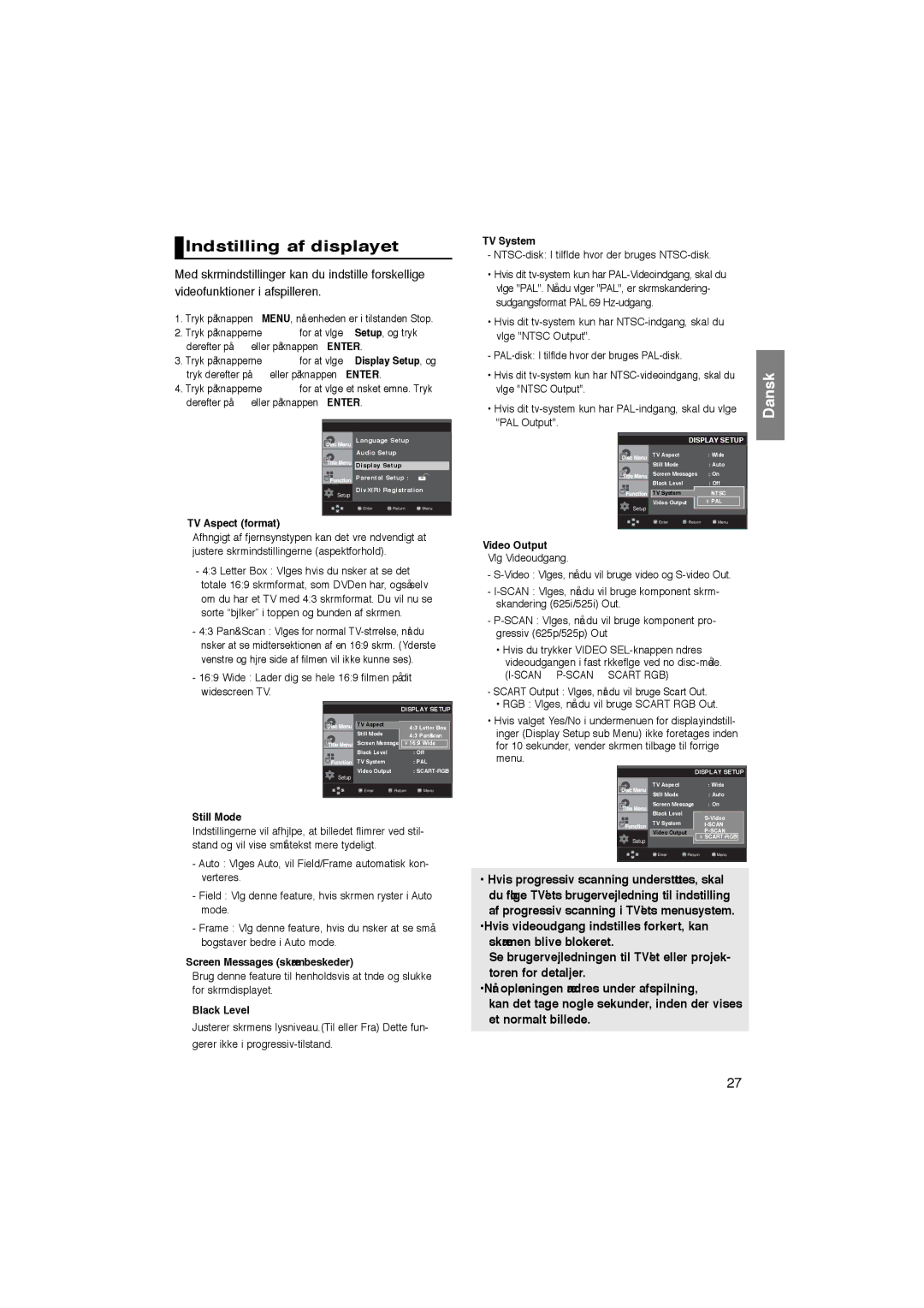 Samsung DVD-P365/XEE manual Indstilling af displayet, ❶ TV Aspect format, ❸ Screen Messages skærmbeskeder 