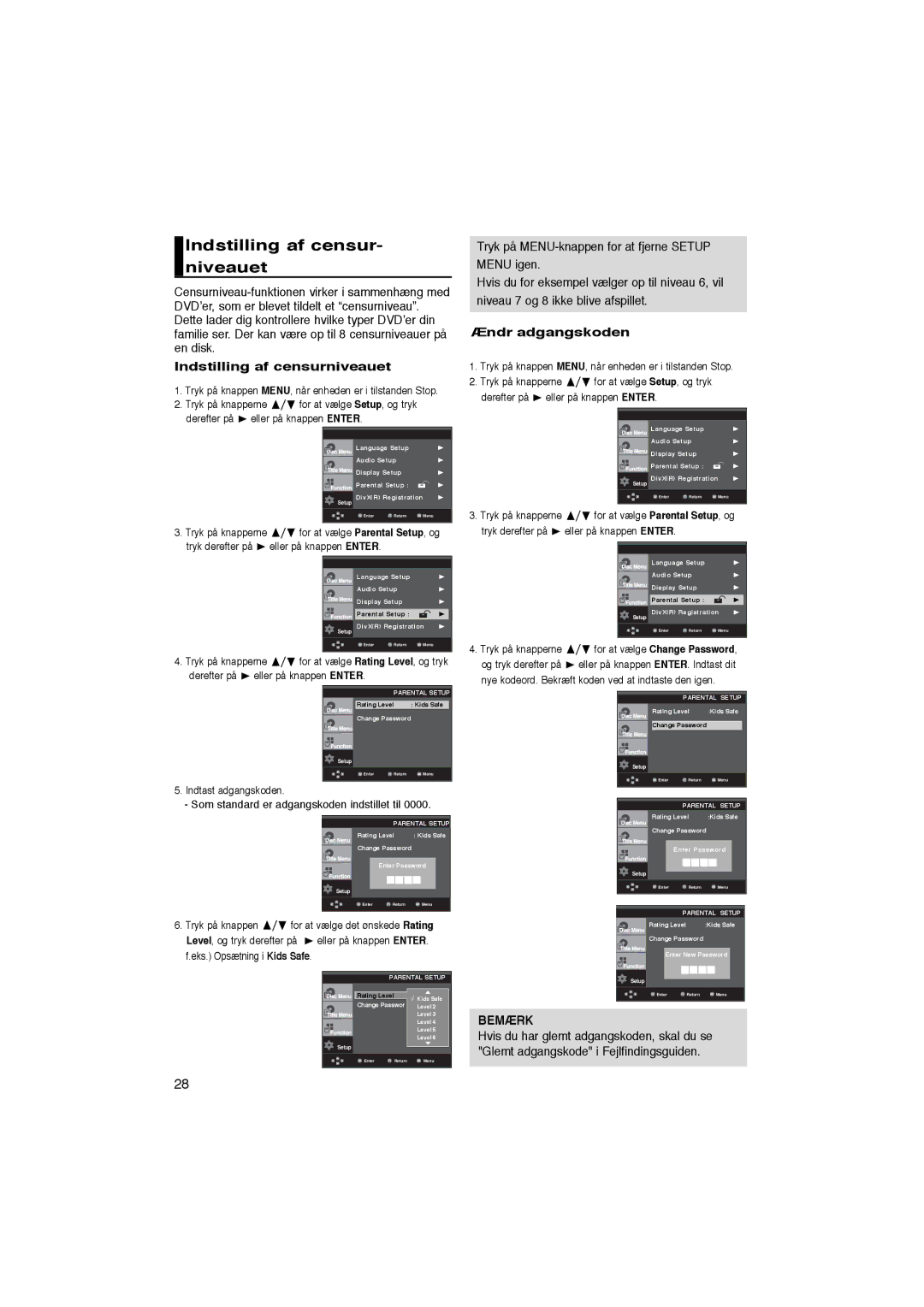 Samsung DVD-P365/XEE manual Indstilling af censur- niveauet, Indstilling af censurniveauet, Ændr adgangskoden 