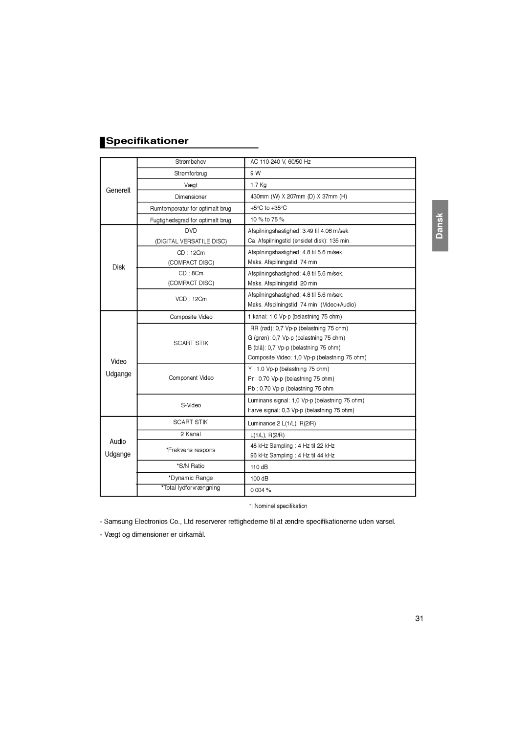 Samsung DVD-P365/XEE manual Specifikationer, Vægt og dimensioner er cirkamål 