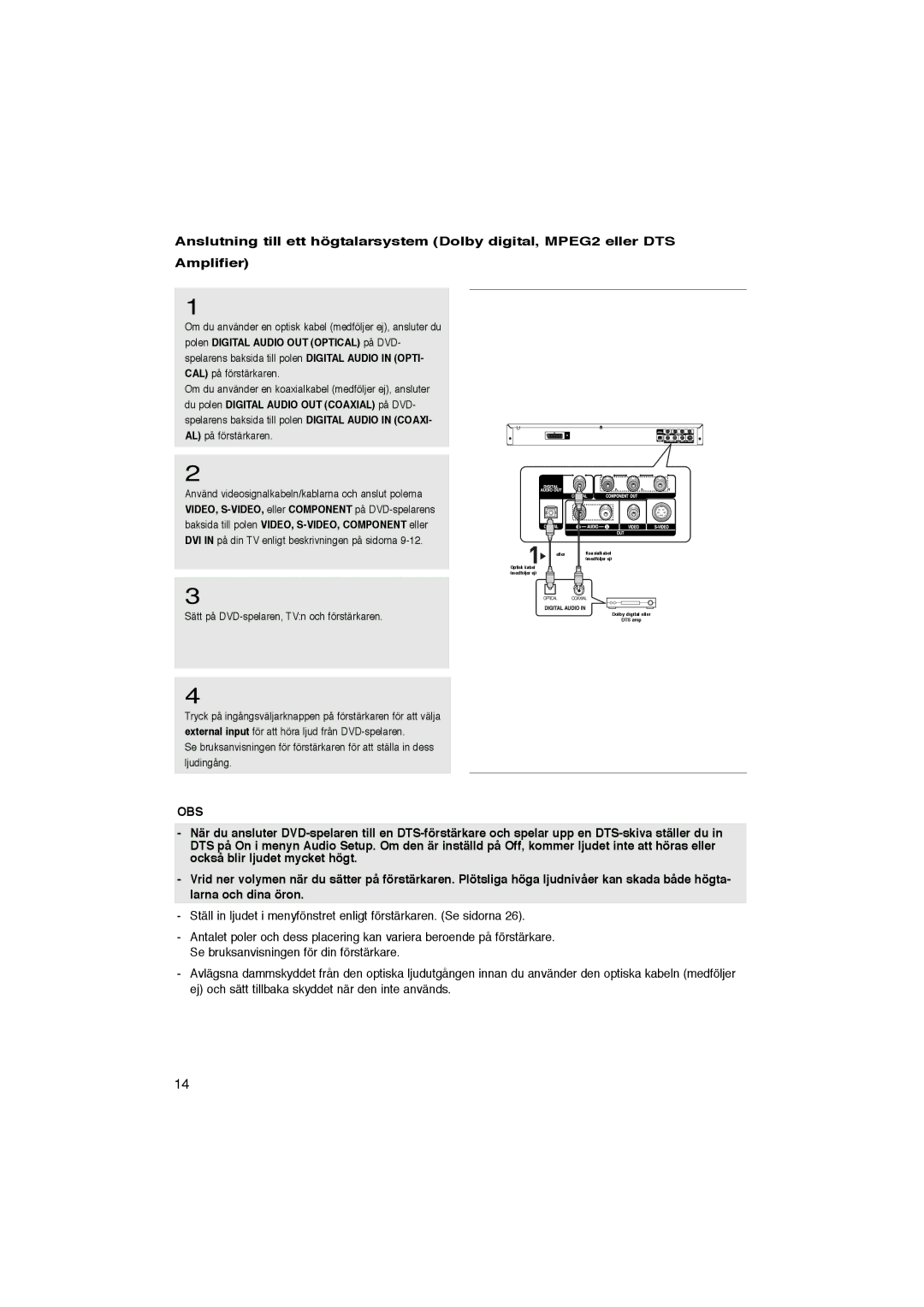 Samsung DVD-P365/XEE manual Optisk kabel medföljer ej 