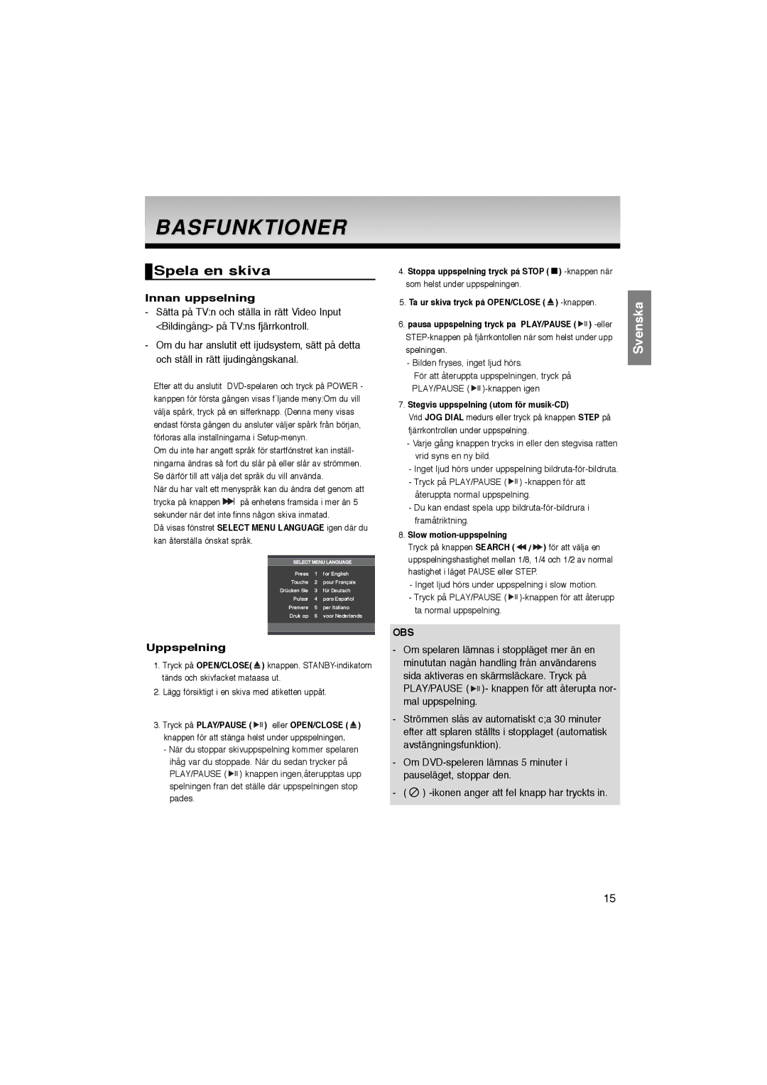 Samsung DVD-P365/XEE manual Basfunktioner, Spela en skiva, Innan uppselning, Uppspelning 