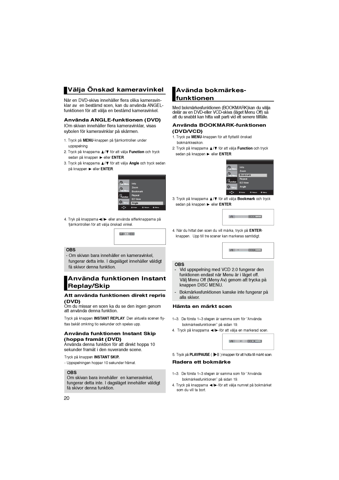 Samsung DVD-P365/XEE manual Välja Önskad kameravinkel, Avända bokmärkes- funktionen, Använda funktionen Instant Replay/Skip 