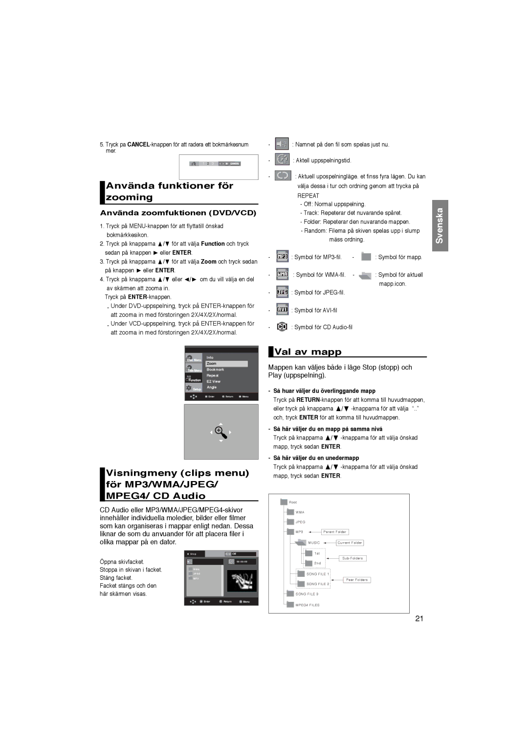 Samsung DVD-P365/XEE Använda funktioner för zooming, Visningmeny clips menu för MP3/WMA/JPEG/ MPEG4/ CD Audio, Val av mapp 