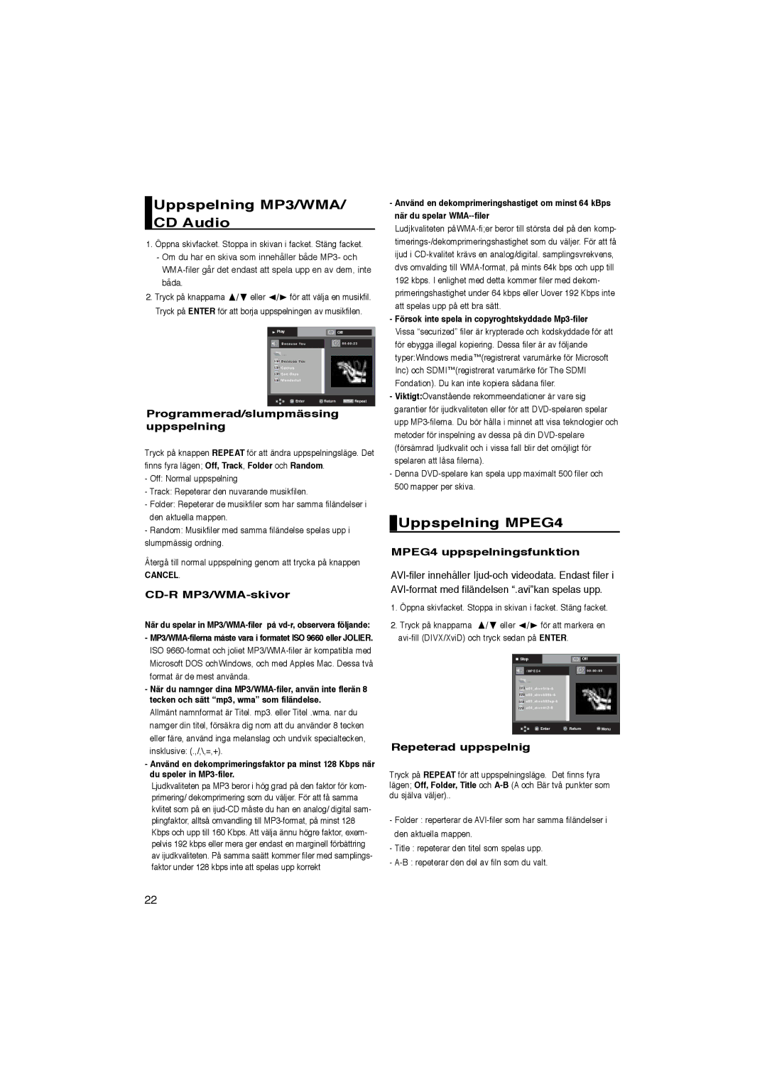 Samsung DVD-P365/XEE manual Uppspelning MP3/WMA/ CD Audio, Uppspelning MPEG4 