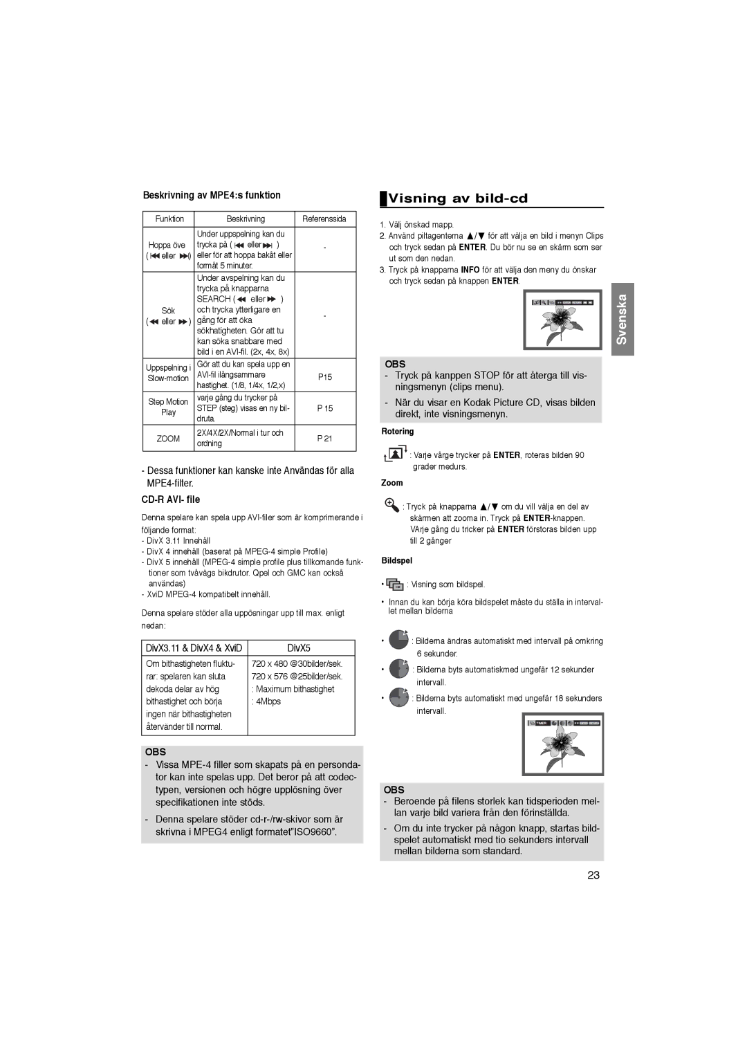 Samsung DVD-P365/XEE manual Visning av bild-cd, Beskrivning av MPE4s funktion, CD-R AVI- file, DivX5 