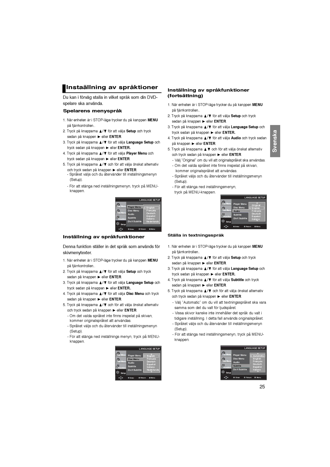 Samsung DVD-P365/XEE manual Instaällning av språktioner, Spelarens menyspråk, Inställning av språkfunktioner 