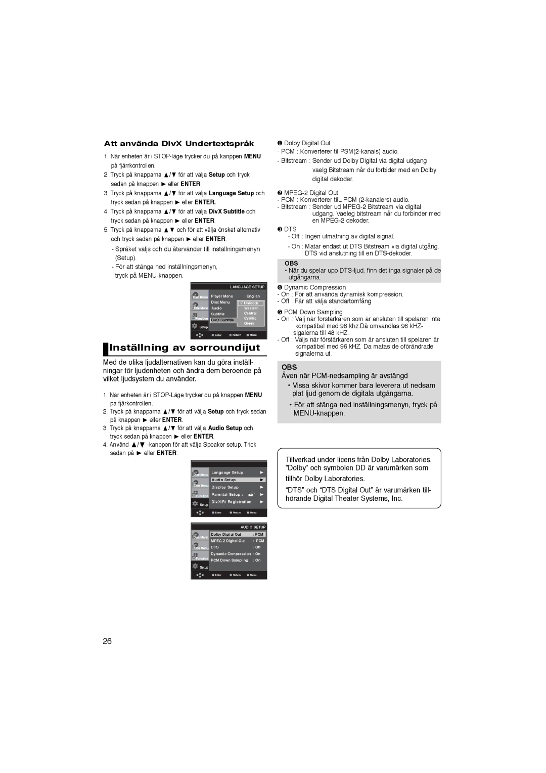 Samsung DVD-P365/XEE Inställning av sorroundijut, Att använda DivX Undertextspråk, Även när PCM-nedsampling är avstängd 